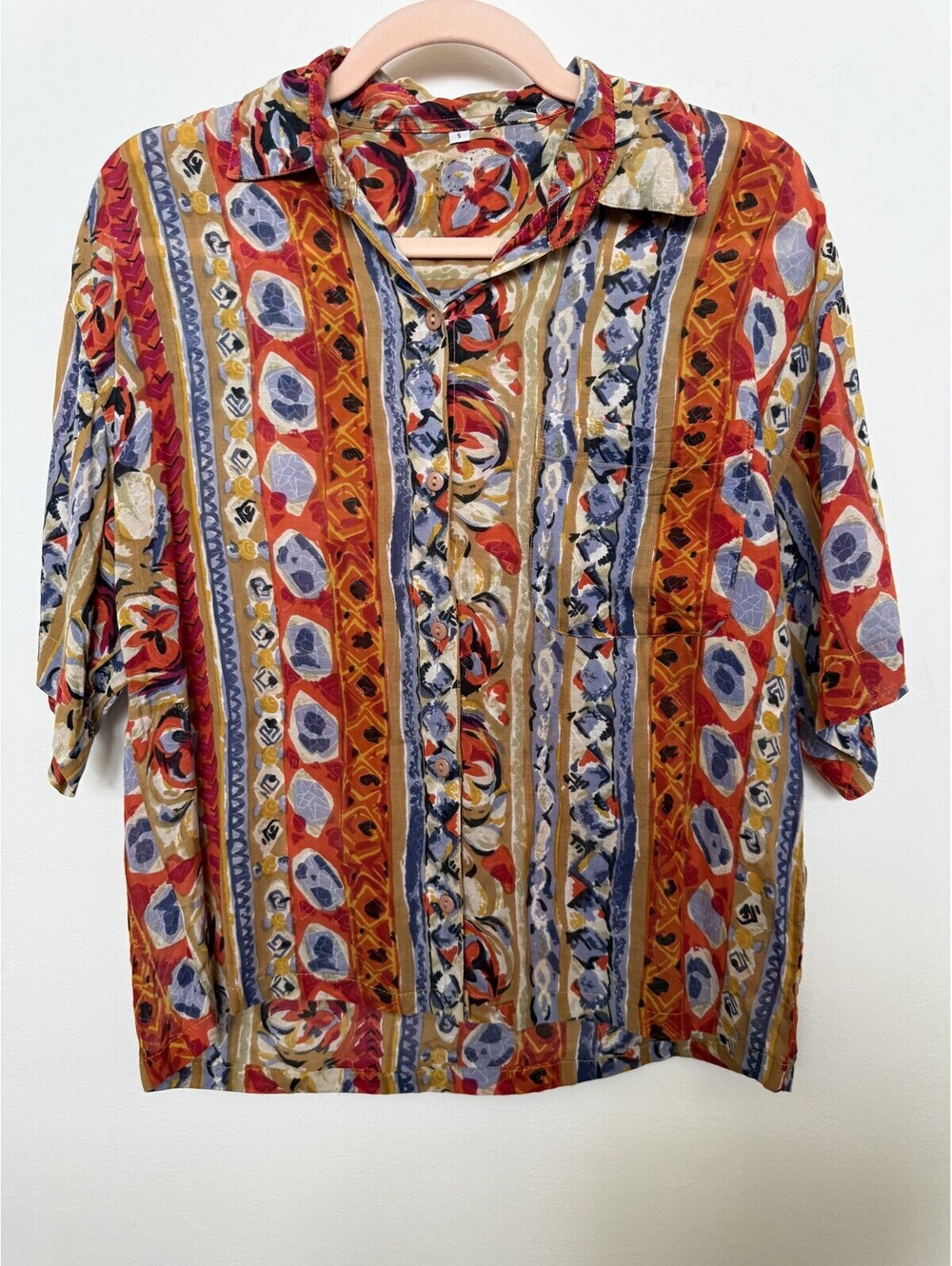 Vintage 90s Abstract Multicolor Viscose-Cotton Camp Shirt Small